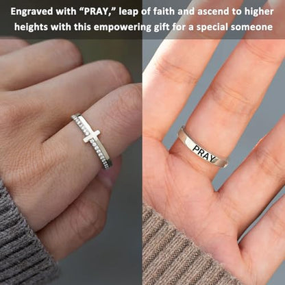 Cross Ring for Women, Pray On It Golden Cross Rings With Engrave Pray, Stackable Zirconia Christian Religious Jewelry Gift for Her