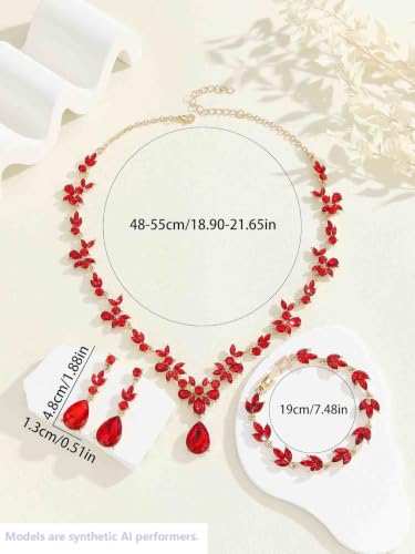 Kamirola Bridal Jewelry Set, Jewelry Set for Women, Necklace Dangle Earrings Bracelet Set, White Gold Plated (TR76) - color: Red