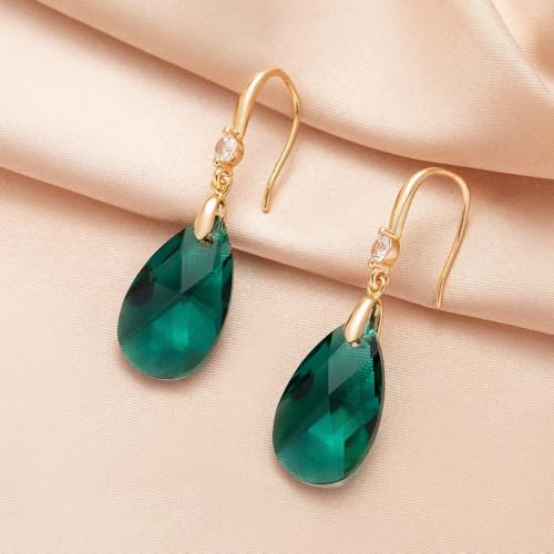 Austrian Crystal Teardrop Dangle Drop Earrings for Women 14K Gold Plated Hook Earring Hypoallergenic Jewelry Gifts for Women Girls - color: Emerald
