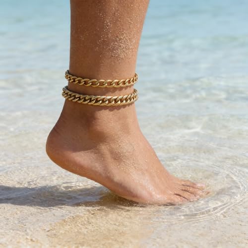 2PCS Ankle Bracelets for Women - Gold/Silver Plated Stainless Steel Anklets Set - Waterproof Layered Cuban Link Chain Anklet Bracelet Summer Beach Foot Jewelry Gifts for Women - color: Style 2-Gold