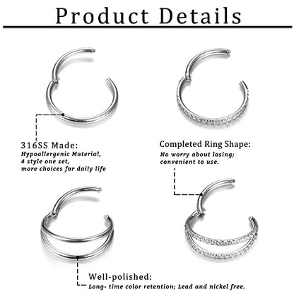 Dochais 4PCS 18G Nose Rings Hoops, Surgical Steel Earrings Tragus Septum Piercing CZ Clicker Ring, Hinged Segment Conch Lip Cartilage Double Hoops 8mm 10mm for Women Men - color: Silver, size: 18G(1.0mm),8mm
