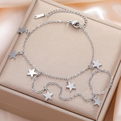 Y2k Stars Tassel Charm Hand Chain Bracelets for Women Dainty Polished Minimalist Link Ring Bracelet Stackable Stainless Steel Adjustable Chain Non Tarnish Fashion Jewelry Gifts - color: Silver