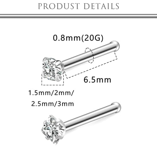 Hoeudjo Nose Studs Surgical Steel Cubic Zirconia Nose Rings Kit for Women Men Tiny Nose Stud Screw & Bone & L Shaped Nostril Piercing Jewelry 22-18 Gauge 8 Pieces 1.5mm 2mm 2.5mm 3mm - color: silvertone, size: 20g,bone nose studs,round+square CZ