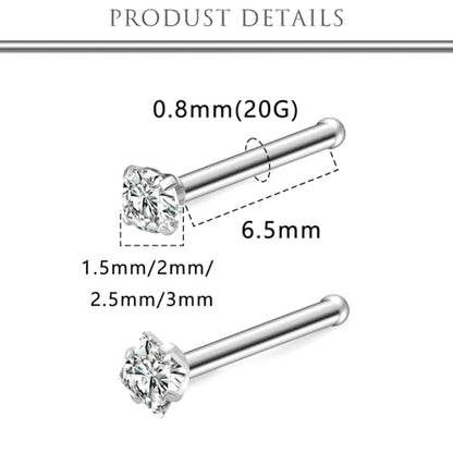 Hoeudjo Nose Studs Surgical Steel Cubic Zirconia Nose Rings Kit for Women Men Tiny Nose Stud Screw & Bone & L Shaped Nostril Piercing Jewelry 22-18 Gauge 8 Pieces 1.5mm 2mm 2.5mm 3mm - color: silvertone, size: 20g,bone nose studs,round+square CZ