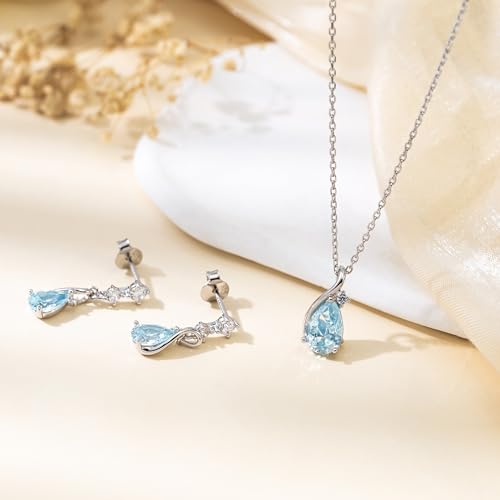 immobird 925 Sterling Silver Infinity Birthstone Jewelry Set Teardrop | Birthstone Necklace and Earring Set, Small Pear-shape Pendant, Drop Earring, Timeless Gift for Her, Daily Wear, Nice Gift Box - color: 03-Mar.