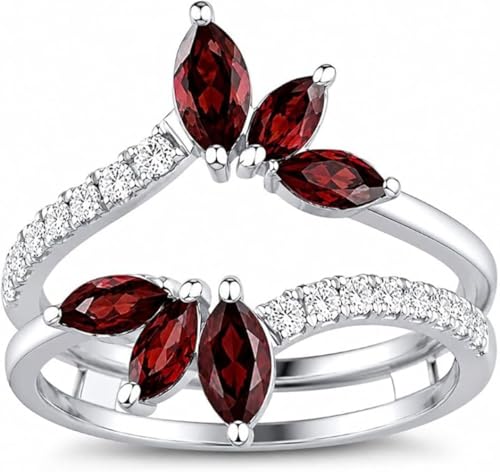 925 Sterling Silver 14K White Gold Plated Marquise Cut Simulated Red Garnet & Diamond Stackable Curved Row Wedding Band Wrap Engagement Enhancer Ring Guard For a Beloved Women