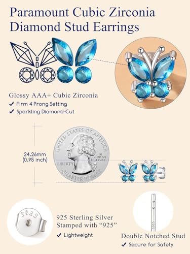 Suplight Butterfly Stud Earrings 925 Sterling Silver 14K Gold Brithstone Earrings for Women Brithstone Jewelry Gifts - color: 12.December (Blue Topaz), size: Silver