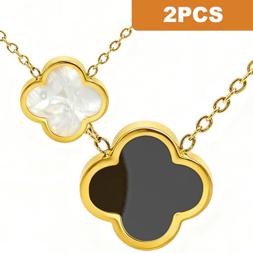 Four Leaf Clover Necklace 18K Gold Plated Necklaces for Women Lucky Flower Pendant Adjustable Link Chain Stainless Steel Dainty Trendy Simple Jewelry Gifts for Women - color: 1G-Single Black+White