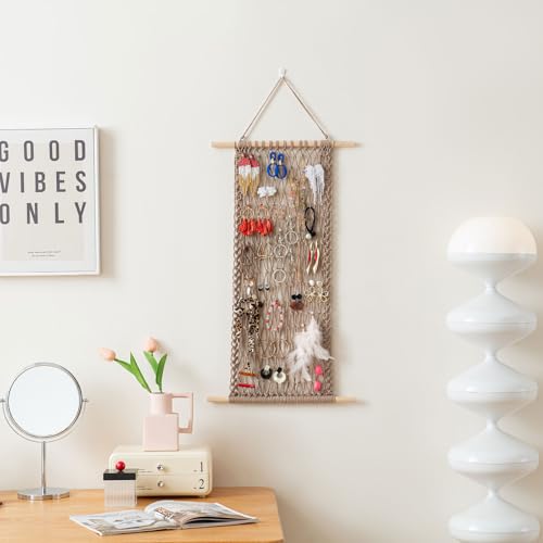 Hanging Jewelry Mesh Organizer with 20 Pieces S Shape Hooks | Macrame,Wall Mounted,Necklaces Storage,Earring Display Rack,Girls Hair Clips Hanger,for Bracelets and Rings, Milk Coffee - color: coffee