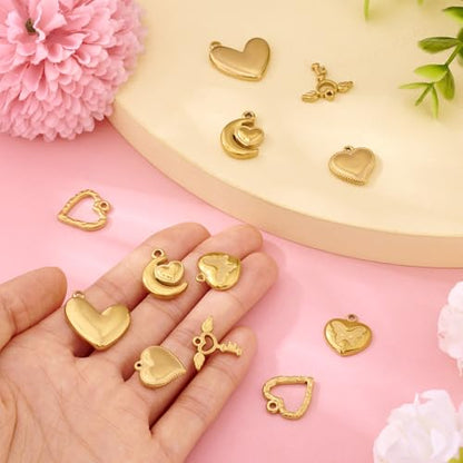 Cheriswelry 18K Gold Plated Heart Pendants Golden Heart Dangle Earring Charms Necklace Pendants Bracelet Keychain Charm Mini Hang Ornament for DIY Craft Jewelry Making - color: 18K Gold Plated D