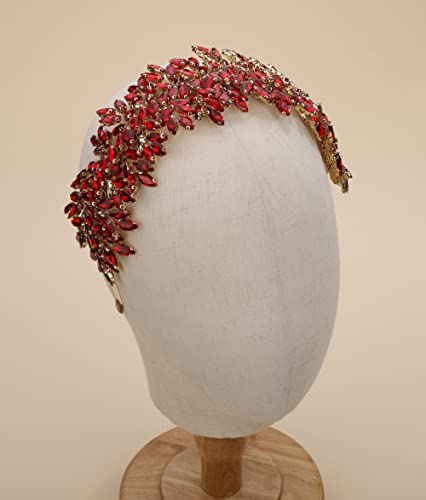 Bridal Crystal Headband for Wedding Party Silver Large Crystal Headpiece Hair Accessories for Bride Hair Clips for Prom Party Gift (red) - color: red