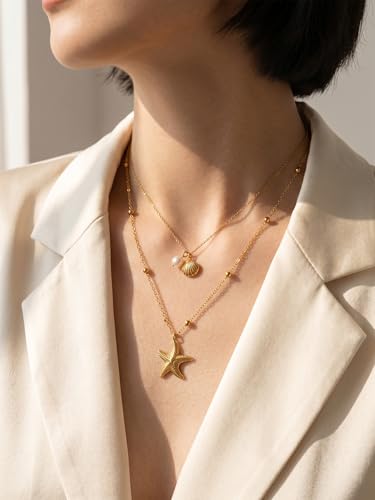 MODRSA Gold Stacked Layered Necklaces for Women Pearl Pendant Charm Cross Lariat Slip Shell Starfish Y Chain Necklace Adjustable Silver Boho Jewelry Gifts for Women Summer Vacation Beach Accessories - color: B1- Sea Shell Starfish - Gold