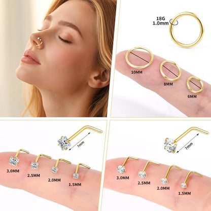 20g Nose Rings Studs and 18g Nose Rings Hoops for Women Men: Hypoallergenic Surgical Stainless Steel Threadless Corkscrew/L Shape/Straight Nose Studs Round Square Simulated Diamond CZ 1.5/2/2.5/3mm Nose Bone Studs Hinged Clicker Segment Nose Hoops Septum