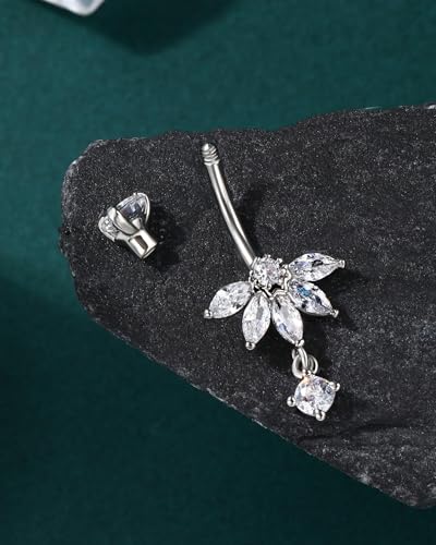 Lotus Belly Button Rings, 14G Dangle Belly Navel Rings for Women, Stainless Steel Belly Navel Piercing Jewelry - color: Silver-10MM
