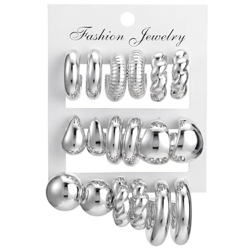 9 Pairs Acrylic Vintage Earrings for Women Drop Dangle Earring | C Shape Circle Round Chunky Hoop Earrings Lightweight - color: Silver