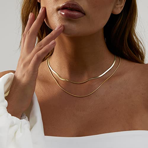 Herringbone Choker Necklace Set Double Layer Snake Chain Herringbone Chain Necklace Layering Necklace Set Cuban Chain Necklace for Women - style: 1-Double layered Snake 3/1.5mm