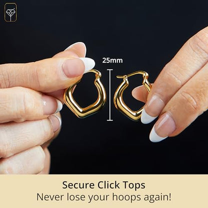 14k Yellow Gold Plated Hoop Earrings for Women with Click Top | Anti Tarnish Lightweight Chunky 14K Gold Hoop Earrings | Hypoallergenic Gold Plated Earrings 0.6 to 1.2 Inches by MAX + STONE - style: Curved V
