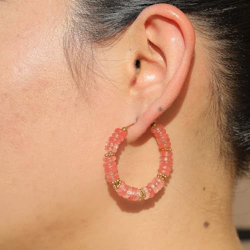 Wellike Beaded Hoop Earrings for Women Natural Stone Pink Gold Huggie Earrings Hypoallergenic Dainty Waterproof Trendy Jewelry - color: Rose Pink, size: 40mm