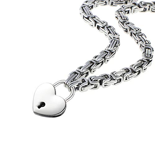 Heart Padlock Collar Stainless Steel Lock Necklace Byzantine Chain Necklace Locking Collar Choker for Men Women Jewelry - style: padlock necklace