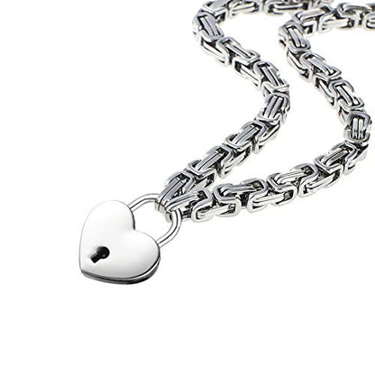 Heart Padlock Collar Stainless Steel Lock Necklace Byzantine Chain Necklace Locking Collar Choker for Men Women Jewelry - style: padlock necklace