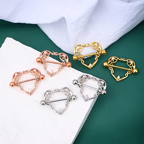 14G Heart Nipple Rings for Women Surgical Steel CZ Nipple Piercings Nipple Barbells Nipple Bars Gold Silver Rose Gold - color: Gold