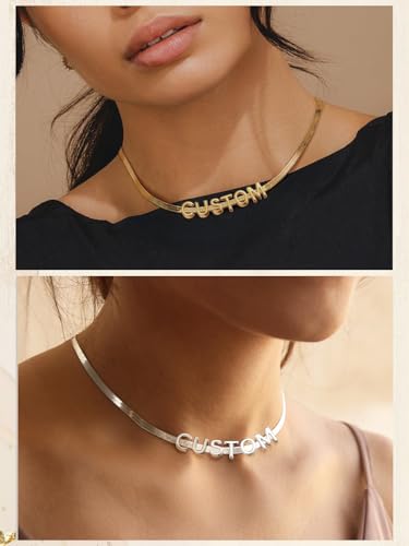 ChainsHouse Flat Snake Chain Herringbone Choker Necklace for Women, Stainless Steel/Rose Gold/18K Gold Plated Dainty Adjustable Simple Short Layered Necklaces, 12"/15"/18" with 3.5" Extender - color: c. 14k gold plated-5mm-custom