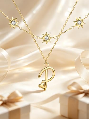 14K Gold A-Z Initial Lette Necklace Star Choker Women Necklace | Personalized Initial Jewelry, Meaningful Name Letter Gift for Women Wife Mom Friend, Perfect Present For Birthday/Anniversary - style: 14K Gold-P