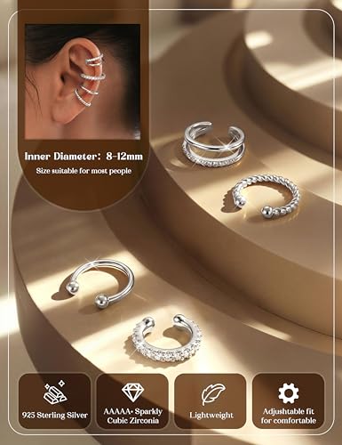 LOLIAS 925 Sterling Silver Ear Cuffs Non Piercing - 14K Gold Plated Ear Cuff Earrings for Women Adjustable Clip on Cartialge Earrings Non Pierced Fake Earring Stacks - color: Silver-Thin Double Hoop