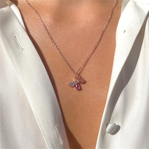 925 Sterling Silver Necklace for Women Trendy, Charming Layered Necklace with Cubic Zirconia Pendant for Her Womens Dainty Diamond Choker Necklaces Holiday Jewelry Gifts for Mom Wife Daughter Lover - color: Butterfly-silver07