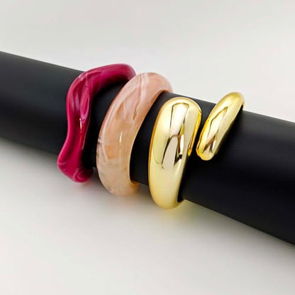 2PCS Chunky Acrylic Bracelet for Women Large Square Resin Cuff Vintage Open Bangle Bracelets Wide Geometric Jewelry - style: D-Gold+Pink+Red