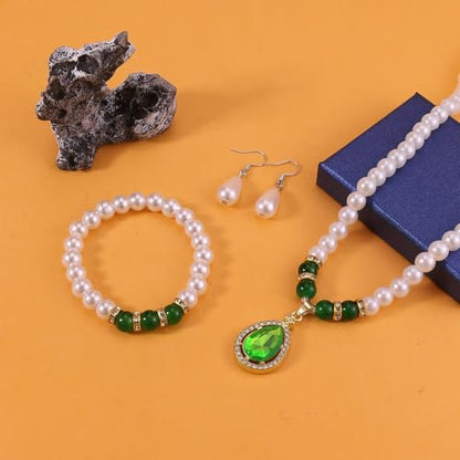 CSIYANJRY99 Pearl Jewelry Set for Women Prom Accessorie Faux Pearl Necklace Bracelet Earring Set Bride Bridesmaid Costume White Jewelry Sets - color: D-Green