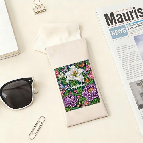 Diamond Art Painting Eye Glass Bag PU Sunglasses Glasses Storage Bag Built-in Glasses Cloth Press Automatic Closure - color: Flowers