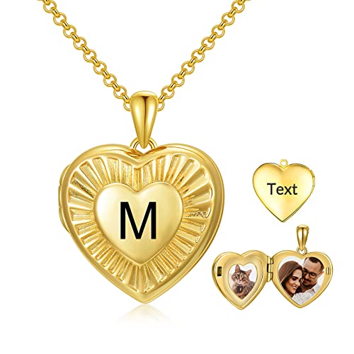 SOULMEET 10K 14K 18K Solid Yellow Gold/Plated Gold Locket Radiation Initial Heart Locket Necklace that Holds Pictures Personalized Photo Locket Necklace Alphabet A-Z - style: M-locket+photo+text
