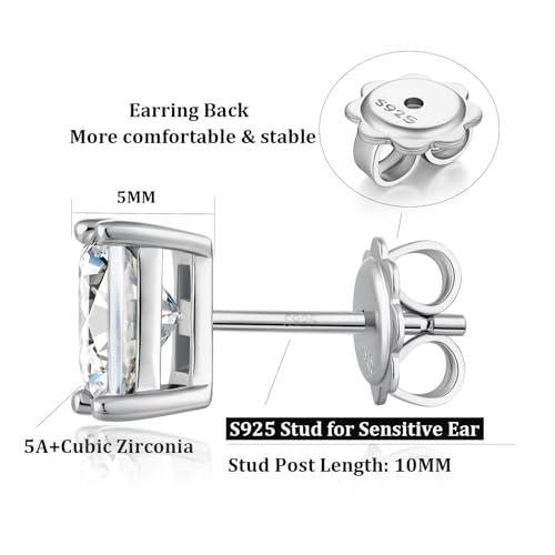 925 Sterling Silver Cubic Zirconia Stud Earrings for Women/Men Hypoallergenic Stud Earrings 4MM-8MM - style: D: Square Stud-Silver