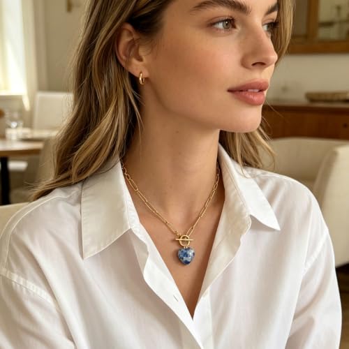 Teardrop CZ Pendant Paperclip Chain Necklace 18K Plated Paperclip Toggle Necklace Jewelry Birthstone Gift for Women - color: Blue patterned