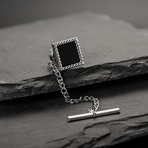 HAWSON Black Stone Tie Tack for Men Tie Pin with Chain for Wedding Birthday Anniversary Party - color: silver tone