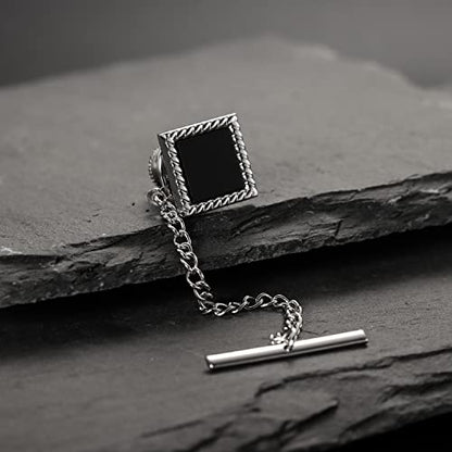 HAWSON Black Stone Tie Tack for Men Tie Pin with Chain for Wedding Birthday Anniversary Party - color: silver tone