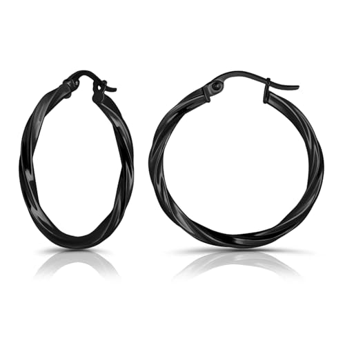 Hoops & Loops 925 Sterling Silver Twisted Hoop Earrings for Women - Hypoallergenic 14K Gold, Rose Gold, Black Flash Plated 2mm Thin Twist Design Round Click-Top Hoops, 15/20/25/30/35/40/50/60mm - color: Black-30mm (1.2 inch)
