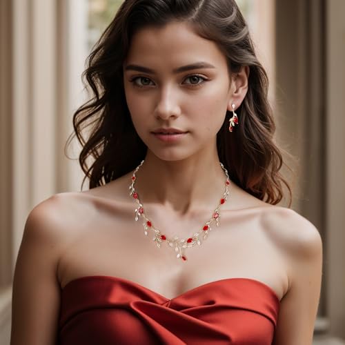 Cubic Zirconia Leaf Vine Wedding Jewelry Set for Bride Women Bridesmaid | Pear-Shaped Birthstone, Necklace Dangle Earrings for Bridesmaid, Silver-Plated-Brass - color: 2pcs_Red Gold-Plated-Brass