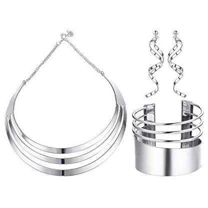 JOERICA Bib Choker Necklace Set for Women Wide Cuff Bangle Bracelets Long Statement Dangle Earrings African Costume Jewelry Set - color: Silver Tone