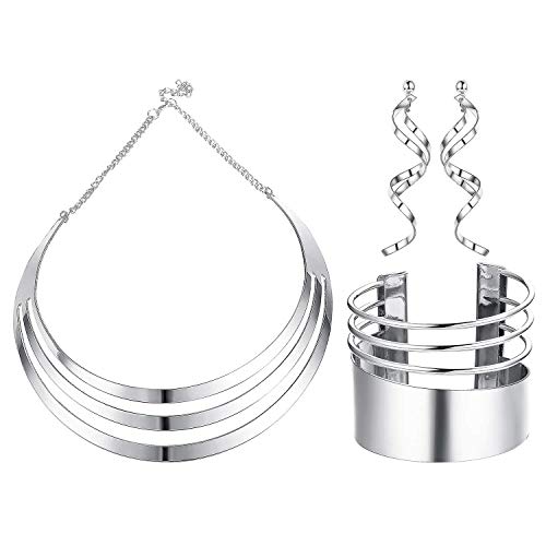 JOERICA Bib Choker Necklace Set for Women Wide Cuff Bangle Bracelets Long Statement Dangle Earrings African Costume Jewelry Set - color: Silver Tone