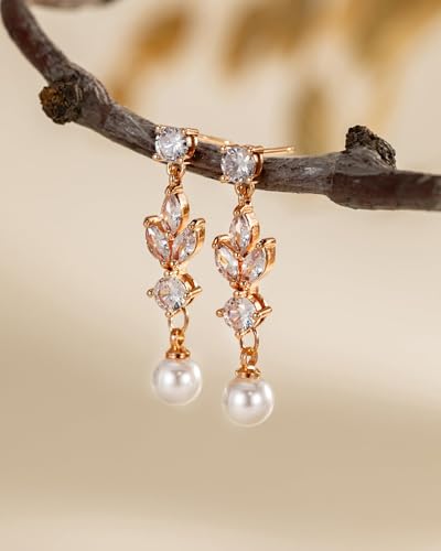 Pearl Earrings - 14K Gold/White Gold/Rose Gold Plated Cubic Zirconia CZ Diaomond Accented Pearl Drop Dangle Earrings for Women Wedding Bridal Prom - color: Rose gold Leaf Dangle
