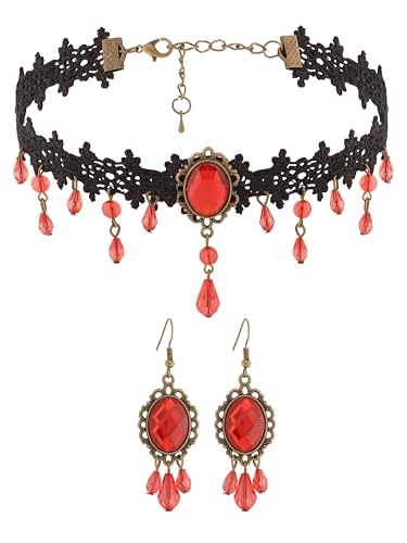 Sacina Gothic Vintage Black Red Teardrop Lace Choker, Gothic Necklace, Goth Jewelry, Halloween Christmas Jewelry Gift - color: Red