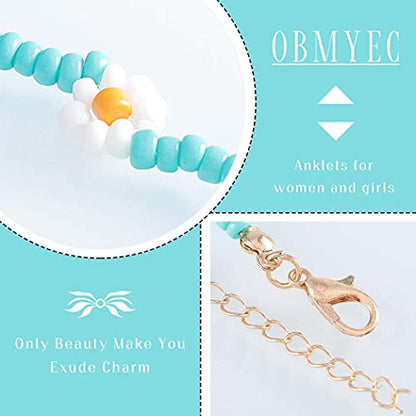 Beaded Chain Ankle Bracelets for Women Waterproof Sunflower Anklets Beachy Vacation Foot Jewelry Gifts - color: Green