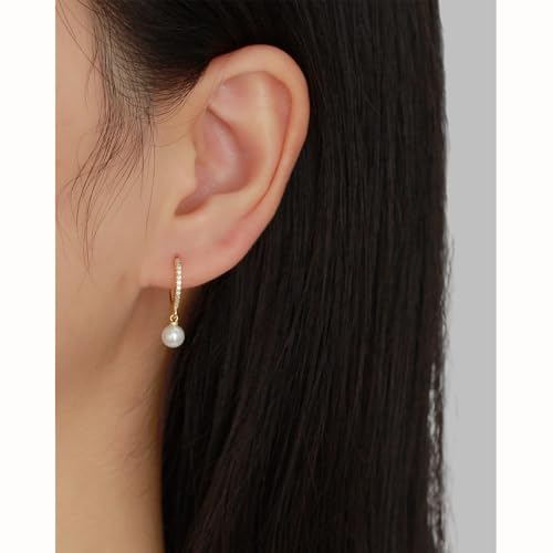 Solid 925 Sterling Silver Faux Pearl Dangle Hoop Earrings for Women, Dainty Drop Huggie Earrings with Charm Jewelry Gift for Her - color: Gold