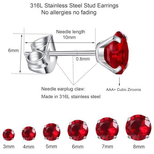 6 Pairs Stud Earrings Set, Hypoallergenic Cubic Zirconia Earrings 316L Stainless Steel CZ Earrings 3-8mm - color: A-Red CZ