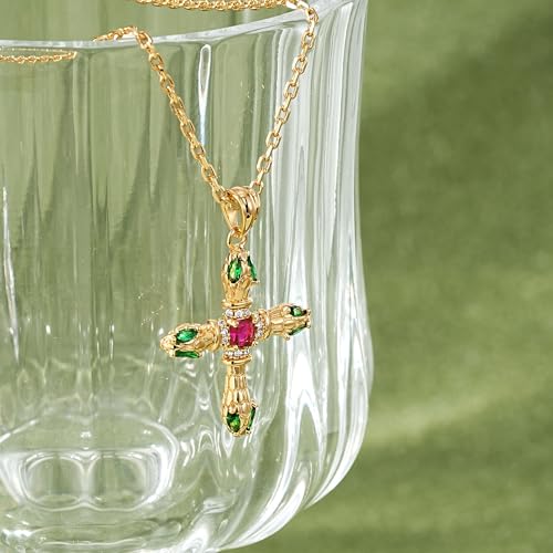 Fettero Cross Necklace for Women Faith Pendant 14K Plated Dainty Chain Necklaes Minimalist Simple Tiny God Lords Prayer Religious Jewelry - style: Emerald snake-head