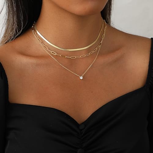 Coshilta Layered Gold Necklaces for Women, 14K Plated Gold Sterling Silver Plated Dainty Pendant Necklace Set with Cubic Zirconia,Stackable Chain Choker,Trendy Personalized Jewelry Gift Non Tarnish - style: C-N0545-CZ