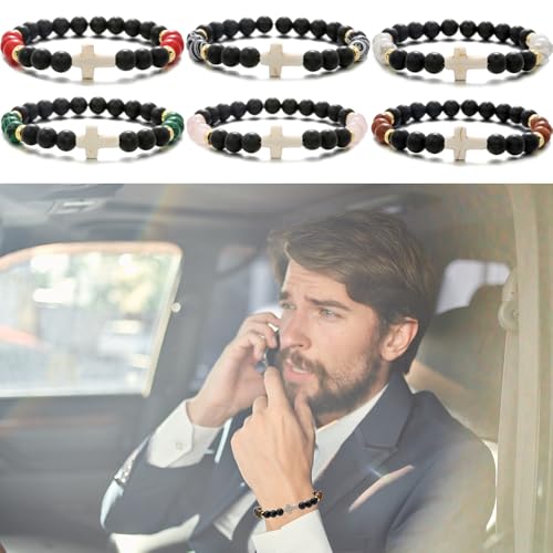 Beaded Bracelets Cross Bracelet for Women Men Lava Rock Turquoise Tiger Eye Natural Bracelet Anxiety Healing - color: 9 Pcs- white cross