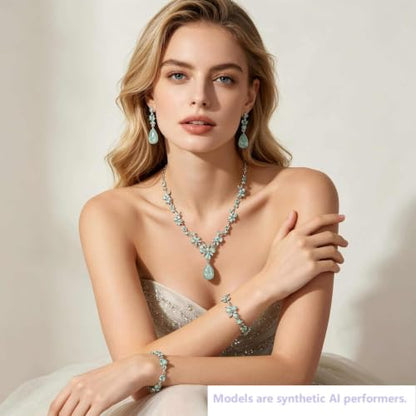 Kamirola Bridal Jewelry Set, Jewelry Set for Women, Necklace Dangle Earrings Bracelet Set, White Gold Plated (TR76) - color: Cream Green